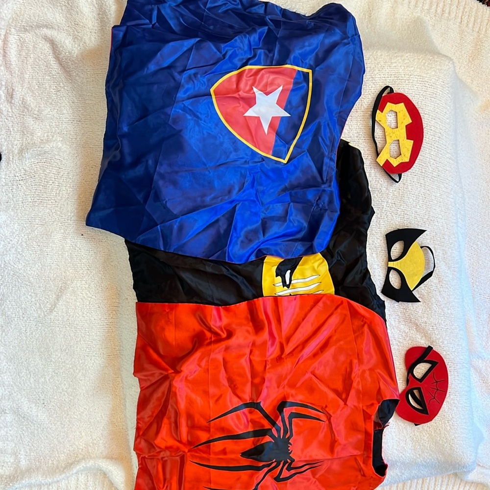 Kids superhero cosplay cape with face masks. Three different capes/mask included